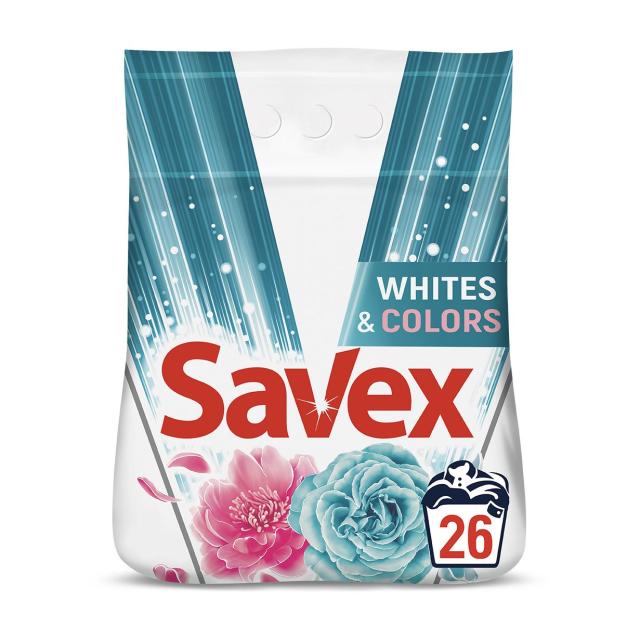 foto пральний порошок для білих та кольорових речей savex whites & colors, автомат, 26 циклів прання, 4 кг