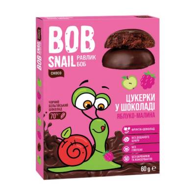 Podrobnoe foto натуральні цукерки bob snail яблучно-малинові в бельгійському чорному шоколаді, 60 г