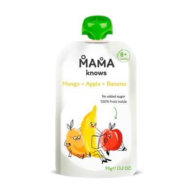 Podrobnoe foto дитяче фруктове пюре mama knows манго, яблуко, банан, без цукру, з 8 місяців, 90 г