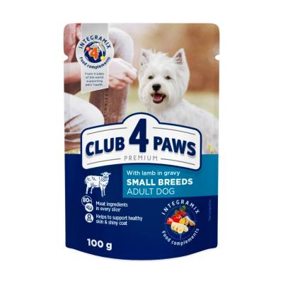 Podrobnoe foto вологий корм для дорослих собак малих порід club 4 paws premium з ягням в соусі, 100 г