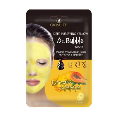 Podrobnoe foto жовта бульбашкова маска для обличчя skinlite deep purifying yellow o2 bubble mask куркума та папайя, 20 г