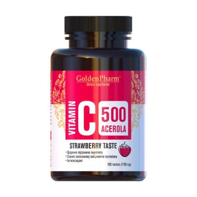 Podrobnoe foto харчова добавка в таблетках golden pharm вітамін c acerola 500 мг зі смаком полуниці, 100 шт