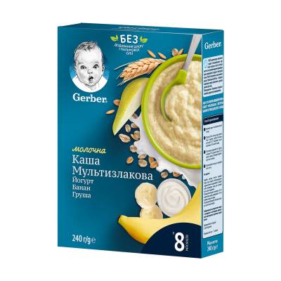 Podrobnoe foto дитяча суха молочна швидкорозчинна каша gerber мультизлакова з йогуртом, бананом та грушею, від 8 місяців, 240 г