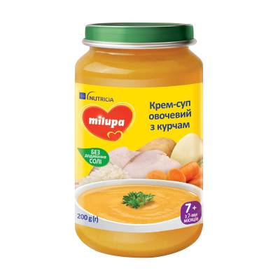 Podrobnoe foto дитячий суп-пюре овоче-м'ясне milupa овочевий суп з курчам, від 7 місяців, 200 г