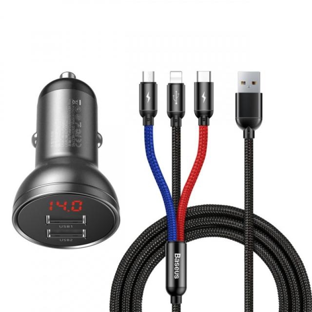 foto азп baseus digital display dual usb 4.8a car charger 24w with three primary colors 3-in-1 cable usb (сірий / чорний) 1061491